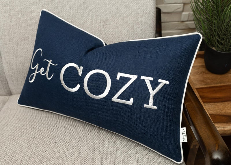 YugTex Romantic Couple Love Sentiment Embroidered Decorative Sayings Lumbar Accent Throw Pillowcase - Get Cozy Phrase Decor for Wedding, Anniversary, Valentine - 12x20 Inches, Navy Blue - Image 3